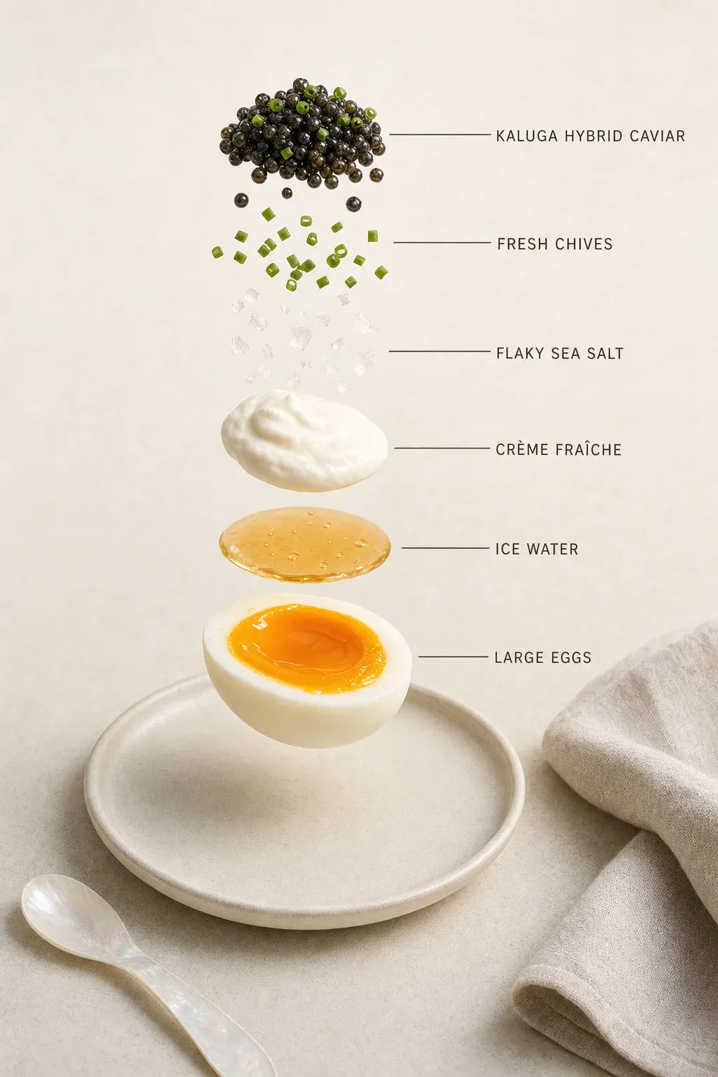 Exploded layer-by-layer view of one serving of Jammy Soft-Boiled Eggs with Kaluga Hybrid Caviar.