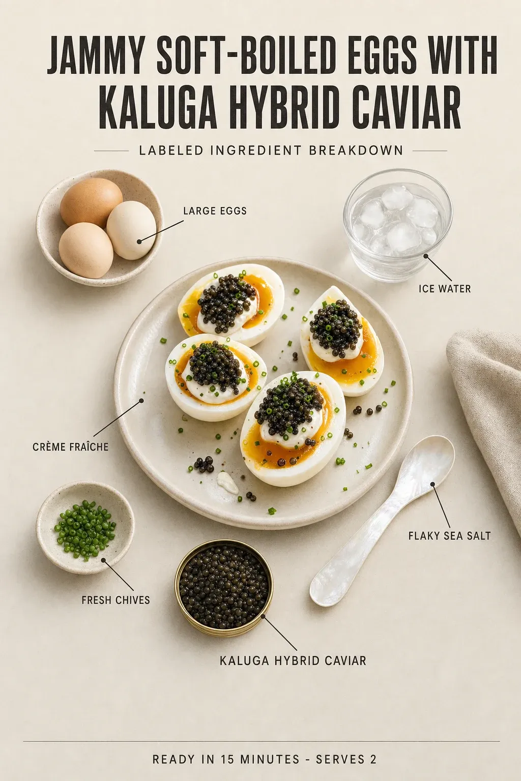 Labeled ingredient breakdown poster for Jammy Soft-Boiled Eggs with Kaluga Hybrid Caviar: large eggs, ice water, crème fraîche, flaky sea salt, fresh chives, kaluga hybrid caviar.