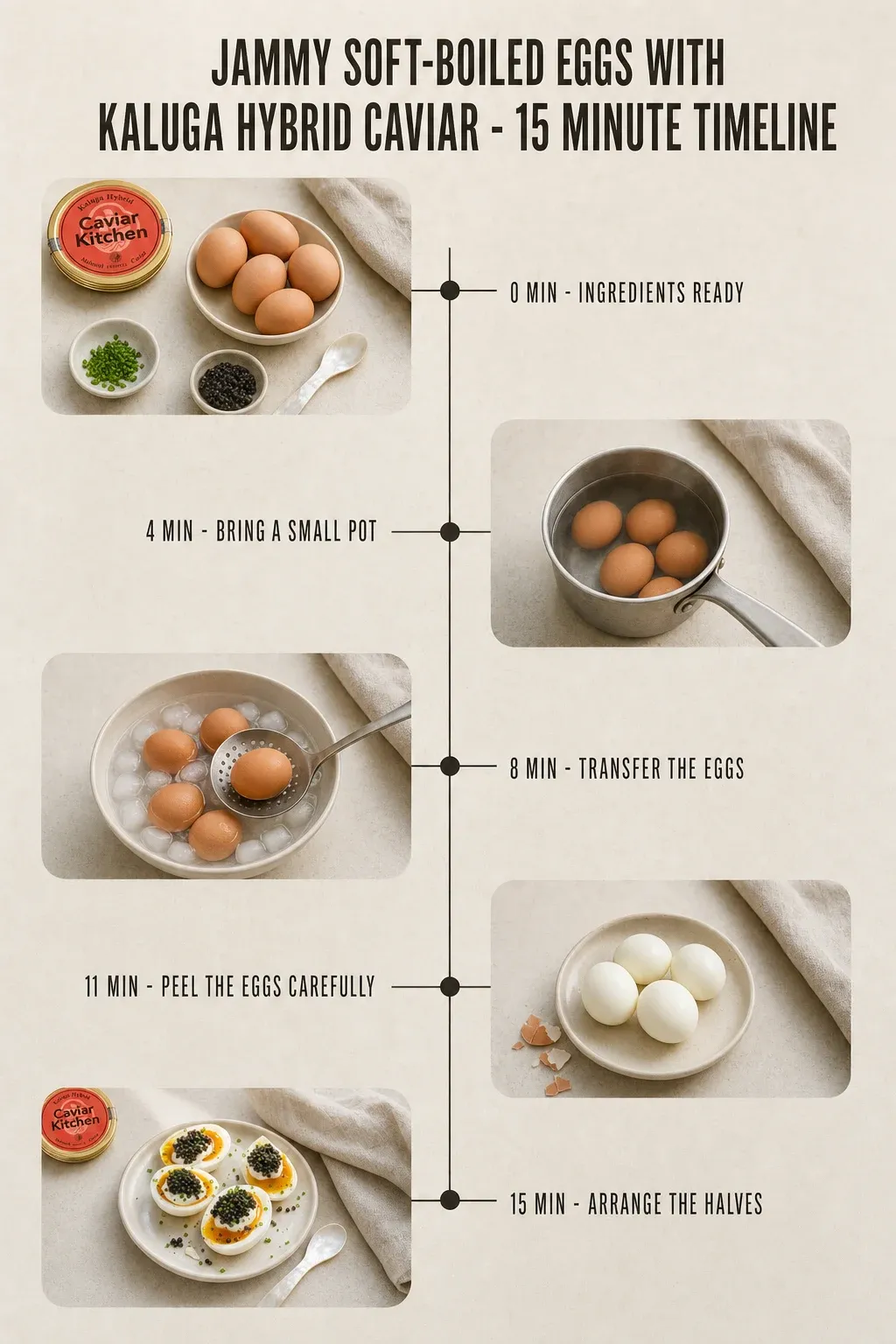 Minute-by-minute timeline for Jammy Soft-Boiled Eggs with Kaluga Hybrid Caviar, from ingredients to serving in 15 minutes.