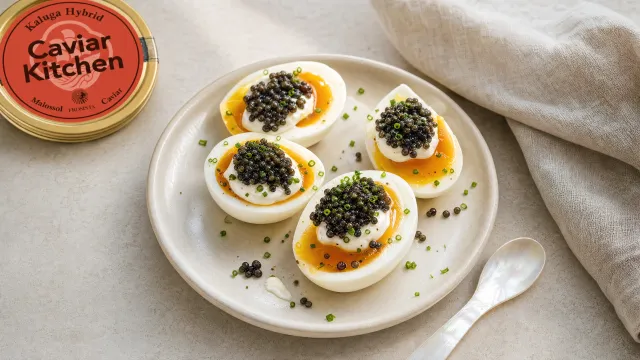 Four jammy egg halves on a white plate topped with dark caviar, crème fraîche, and chives