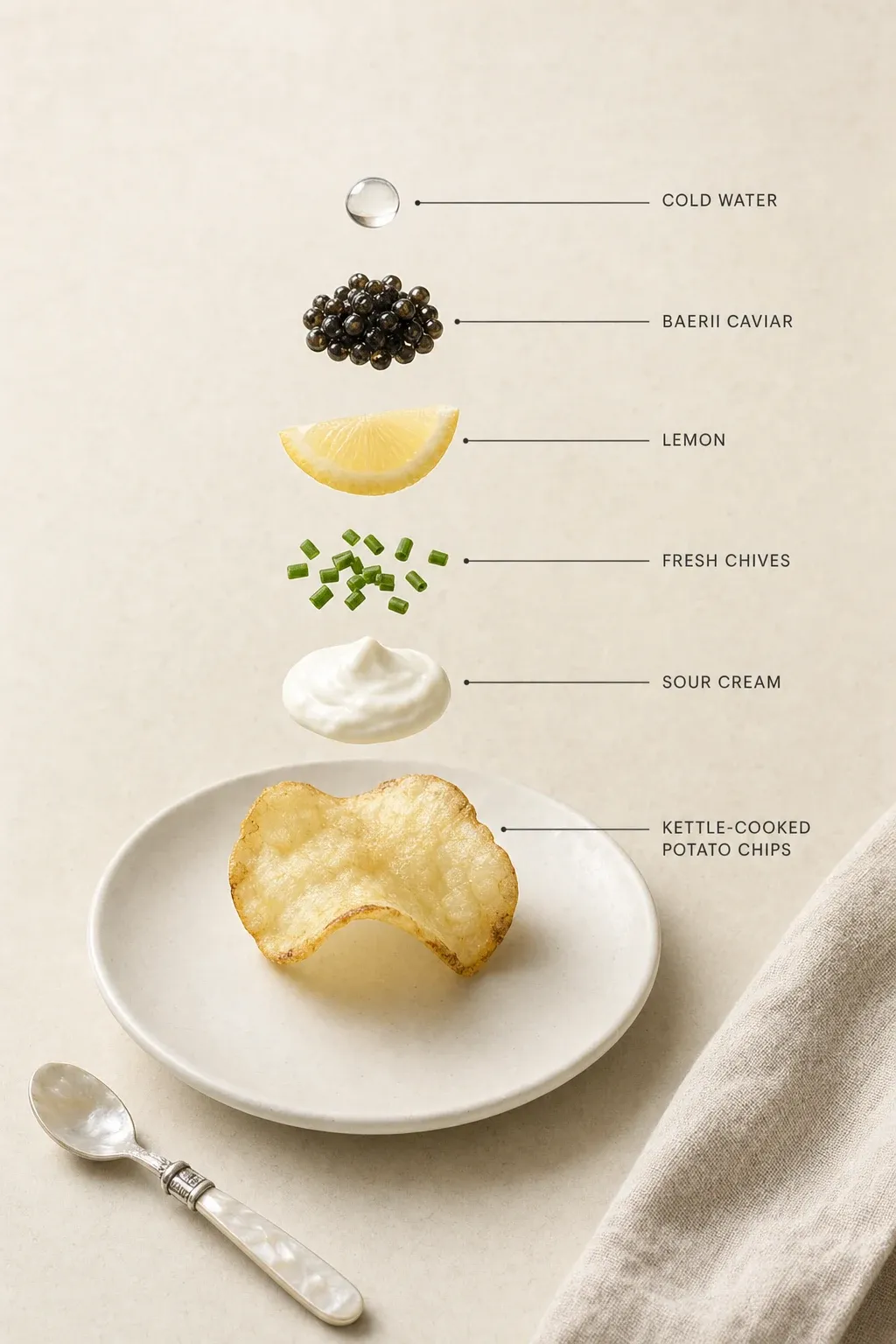 Exploded layer-by-layer view of one serving of Kettle Chip Caviar Bites with Sour Cream and Chive.