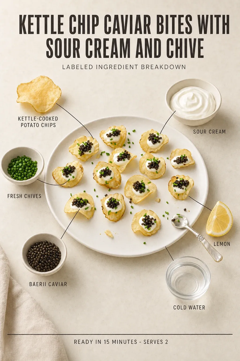 Labeled ingredient breakdown poster for Kettle Chip Caviar Bites with Sour Cream and Chive: kettle-cooked potato chips, sour cream, fresh chives, lemon, baerii caviar, cold water.