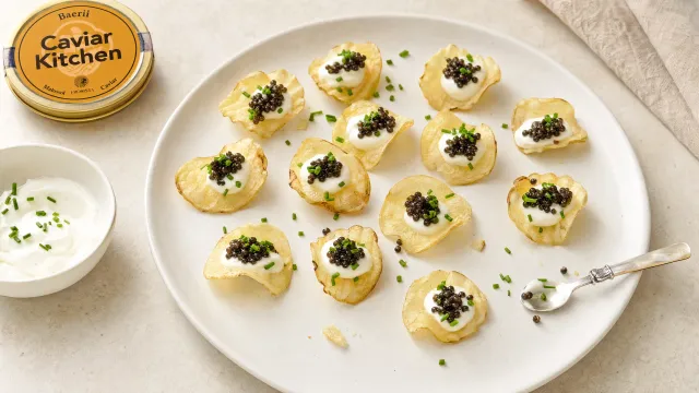 Kettle chips topped with lemon sour cream, Baerii caviar, and fresh chives on a white plate