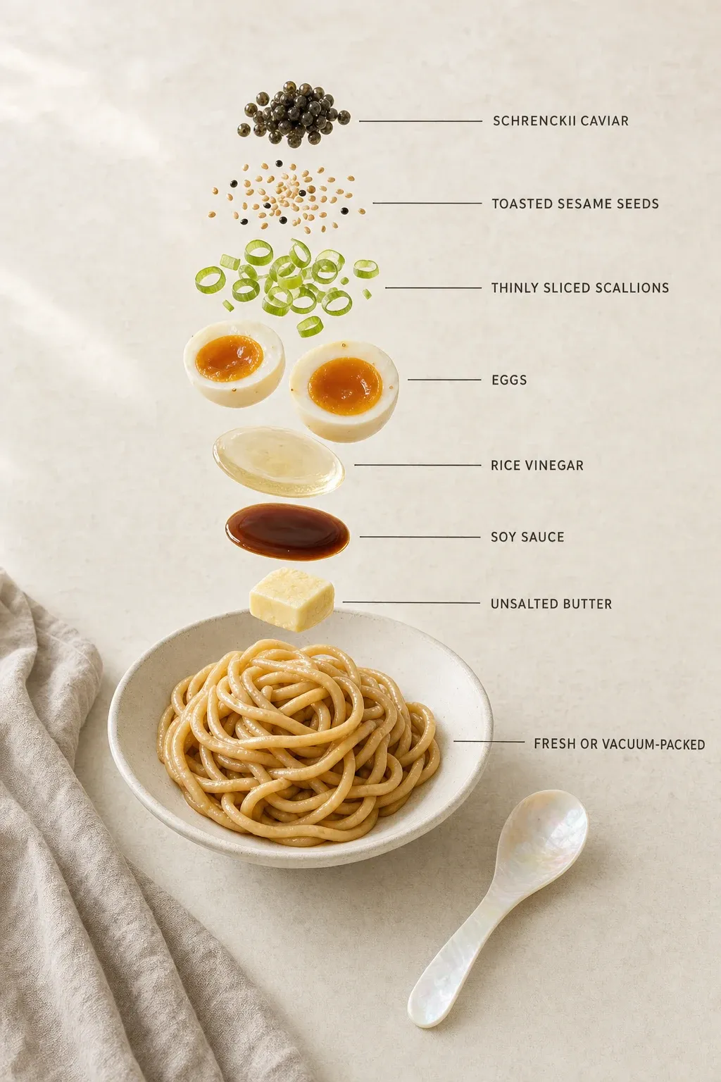 Exploded layer-by-layer view of one serving of One-Pan Udon with Jammy Eggs and Schrenckii Caviar.