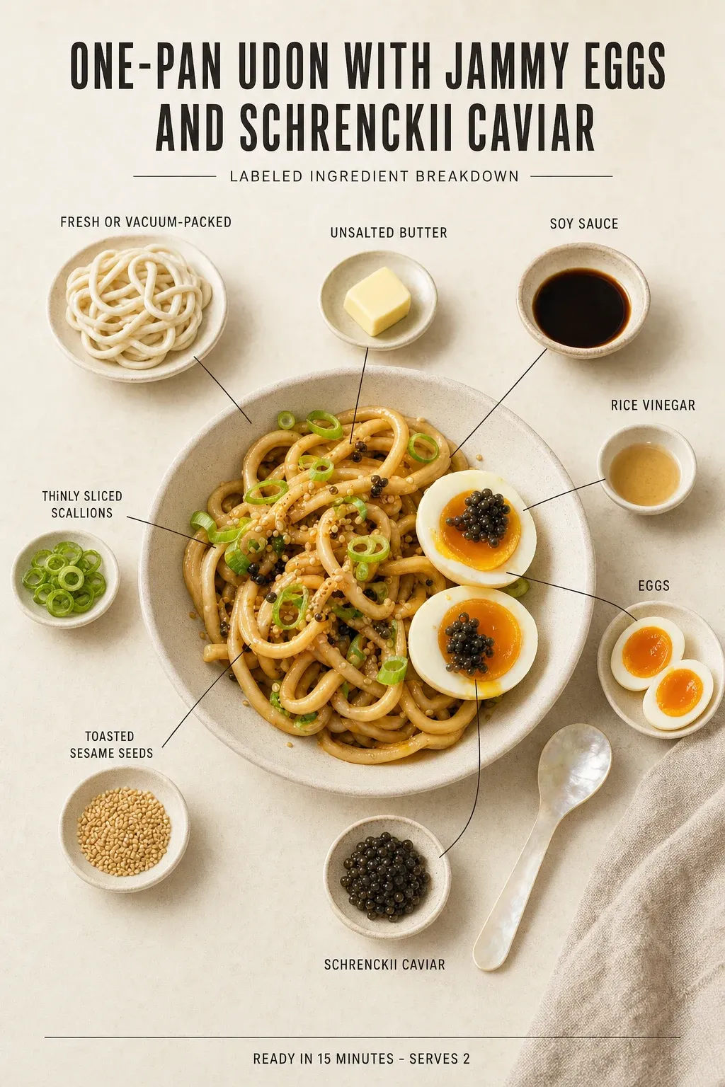 Labeled ingredient breakdown poster for One-Pan Udon with Jammy Eggs and Schrenckii Caviar: fresh or vacuum-packed, unsalted butter, soy sauce, rice vinegar, eggs, thinly sliced scallions.
