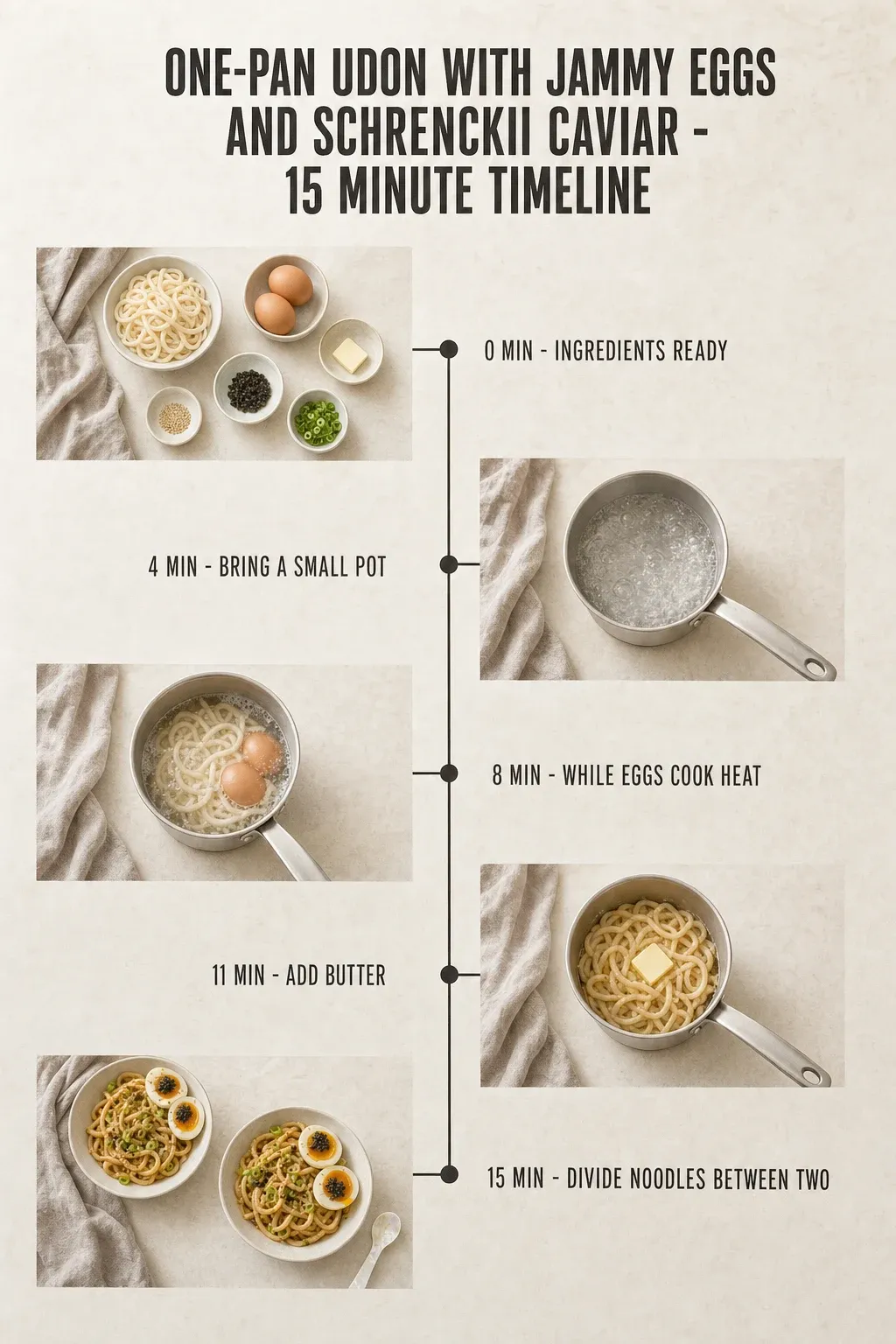 Minute-by-minute timeline for One-Pan Udon with Jammy Eggs and Schrenckii Caviar, from ingredients to serving in 15 minutes.