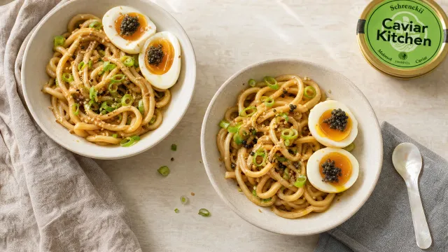 Two bowls of brown butter udon with halved jammy eggs topped with dark Schrenckii caviar and sliced scallions