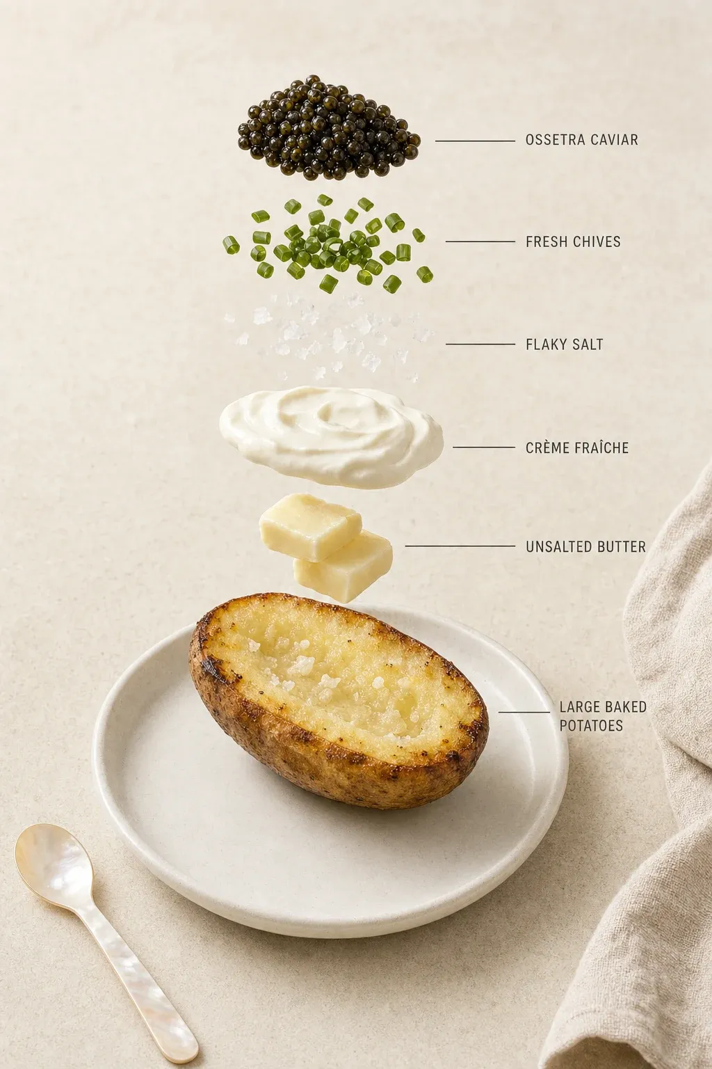Exploded layer-by-layer view of one serving of Pan-Toasted Baked Potato with Crème Fraîche and Ossetra Caviar.