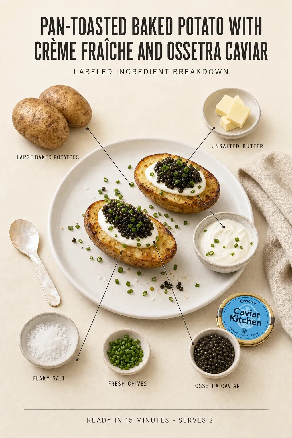 Labeled ingredient breakdown poster for Pan-Toasted Baked Potato with Crème Fraîche and Ossetra Caviar: large baked potatoes, unsalted butter, crème fraîche, flaky salt, fresh chives, ossetra caviar.