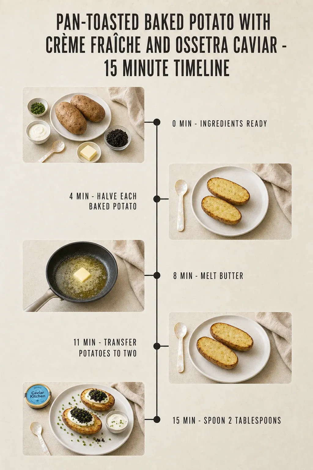 Minute-by-minute timeline for Pan-Toasted Baked Potato with Crème Fraîche and Ossetra Caviar, from ingredients to serving in 15 minutes.
