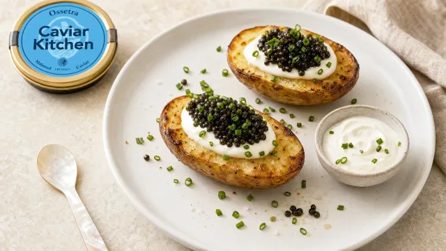 Two pan-toasted potato halves topped with crème fraîche, Ossetra caviar, and chives on a white plate
