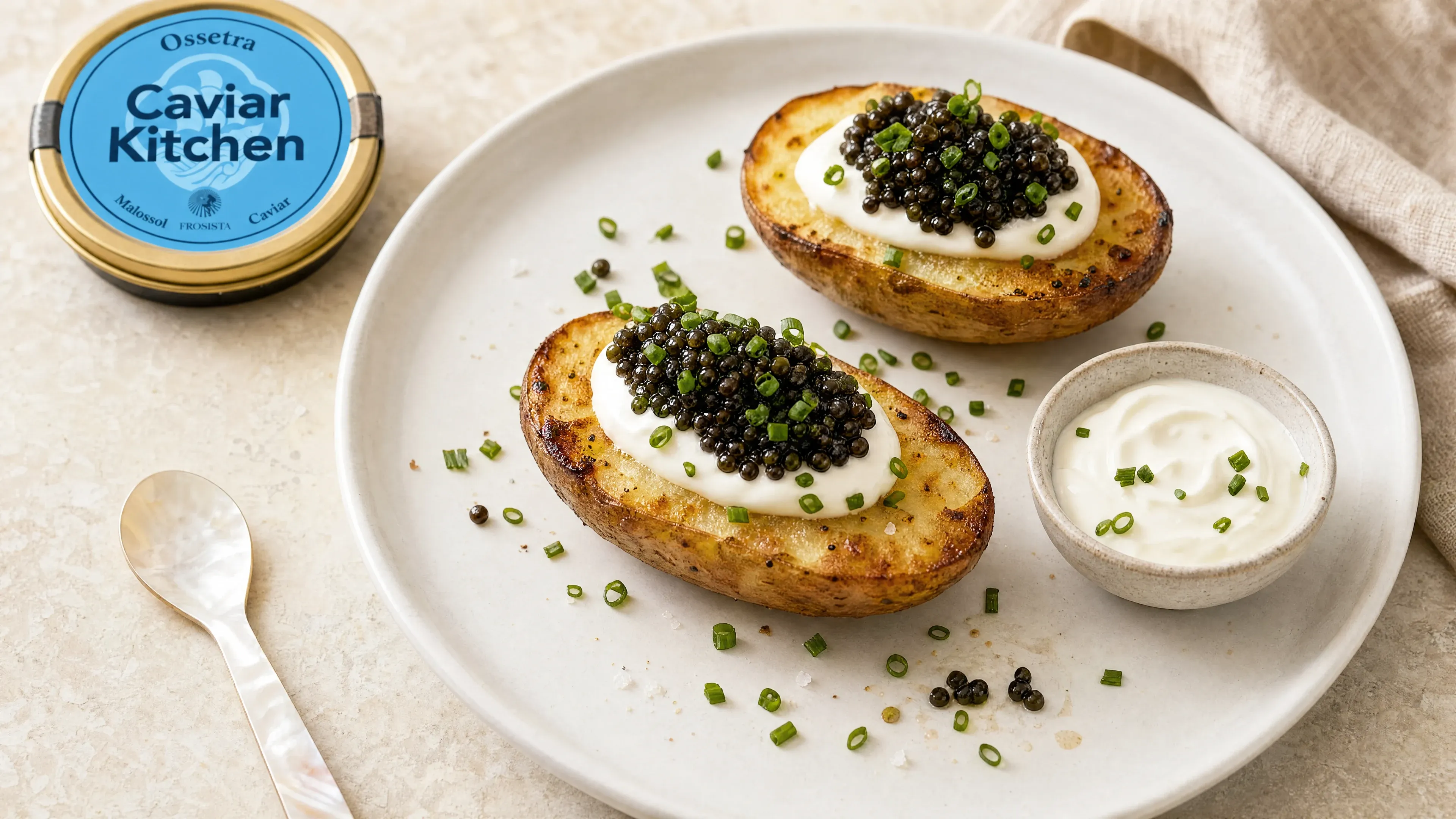 Two pan-toasted potato halves topped with crème fraîche, Ossetra caviar, and chives on a white plate