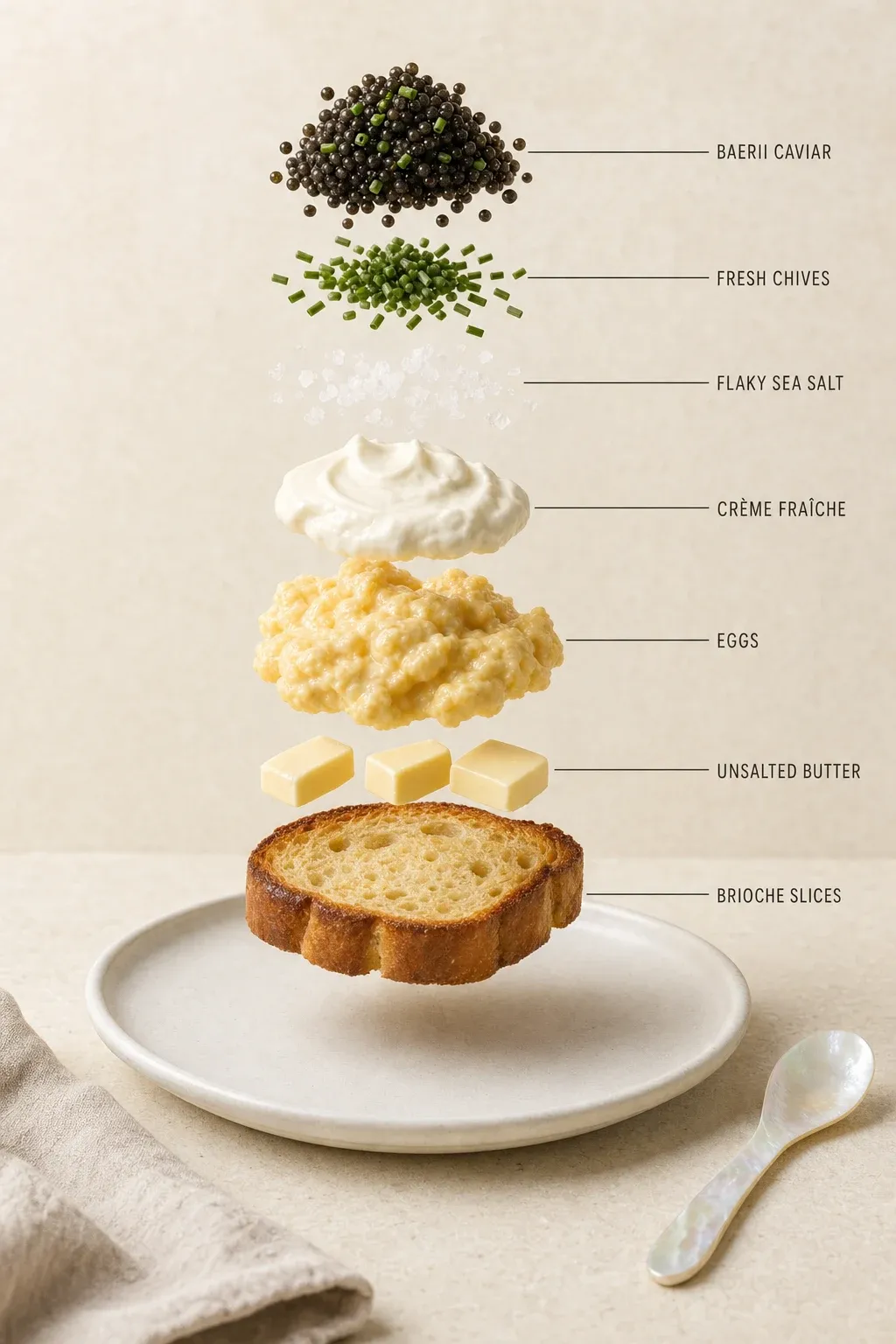 Exploded layer-by-layer view of one serving of Pan-Toasted Brioche with Soft Scrambled Eggs and Baerii Caviar.
