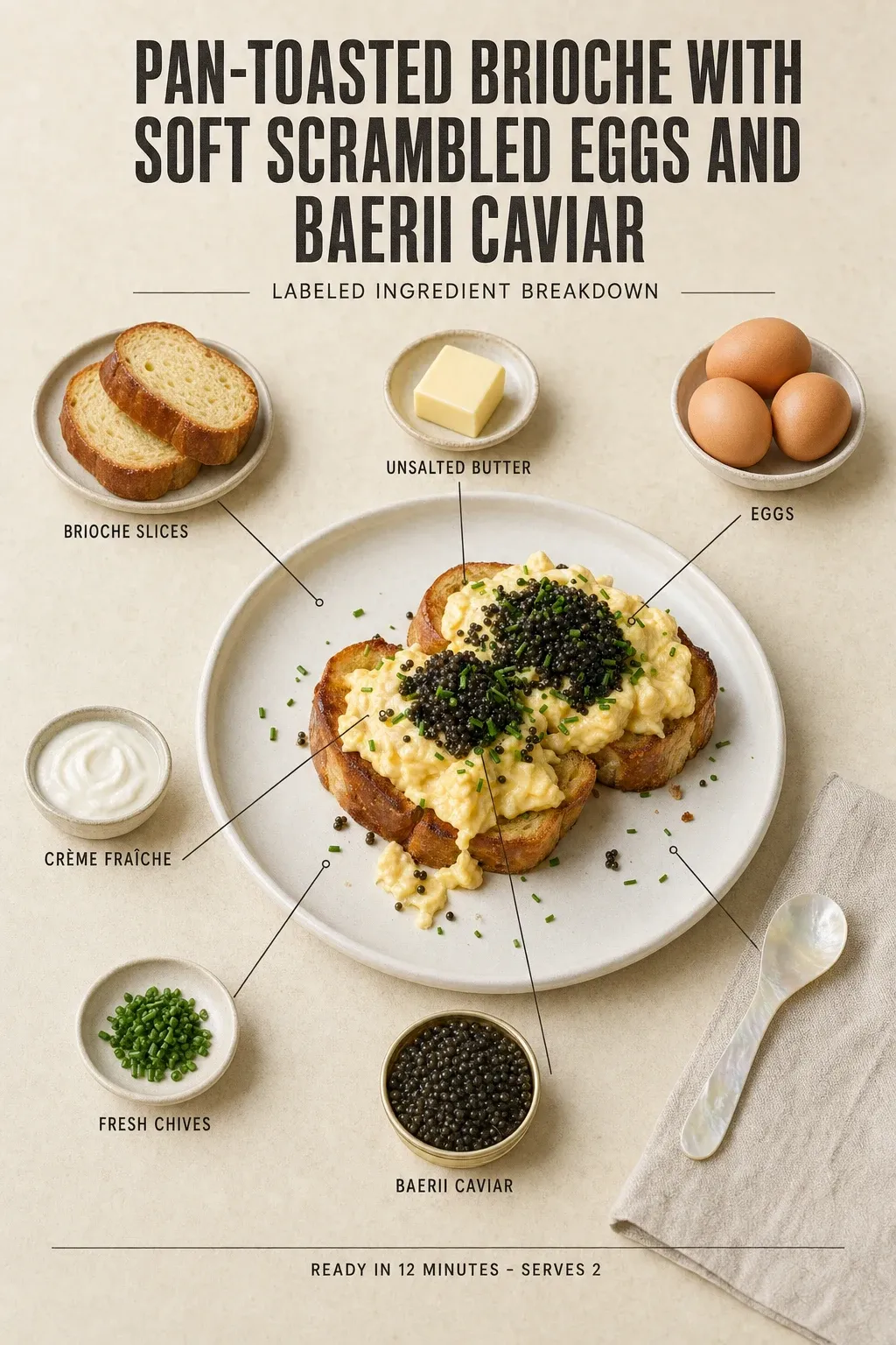 Labeled ingredient breakdown poster for Pan-Toasted Brioche with Soft Scrambled Eggs and Baerii Caviar: brioche slices, unsalted butter, eggs, crème fraîche, flaky sea salt, fresh chives.