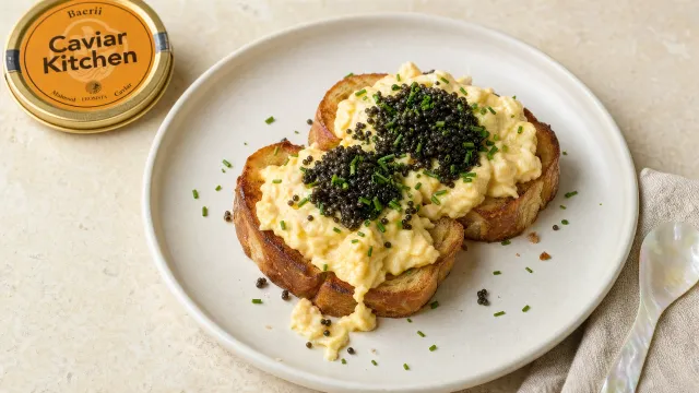 Two slices of pan-toasted brioche topped with soft scrambled eggs, chives, and a small spoonful of dark Baerii caviar on a white ceramic plate