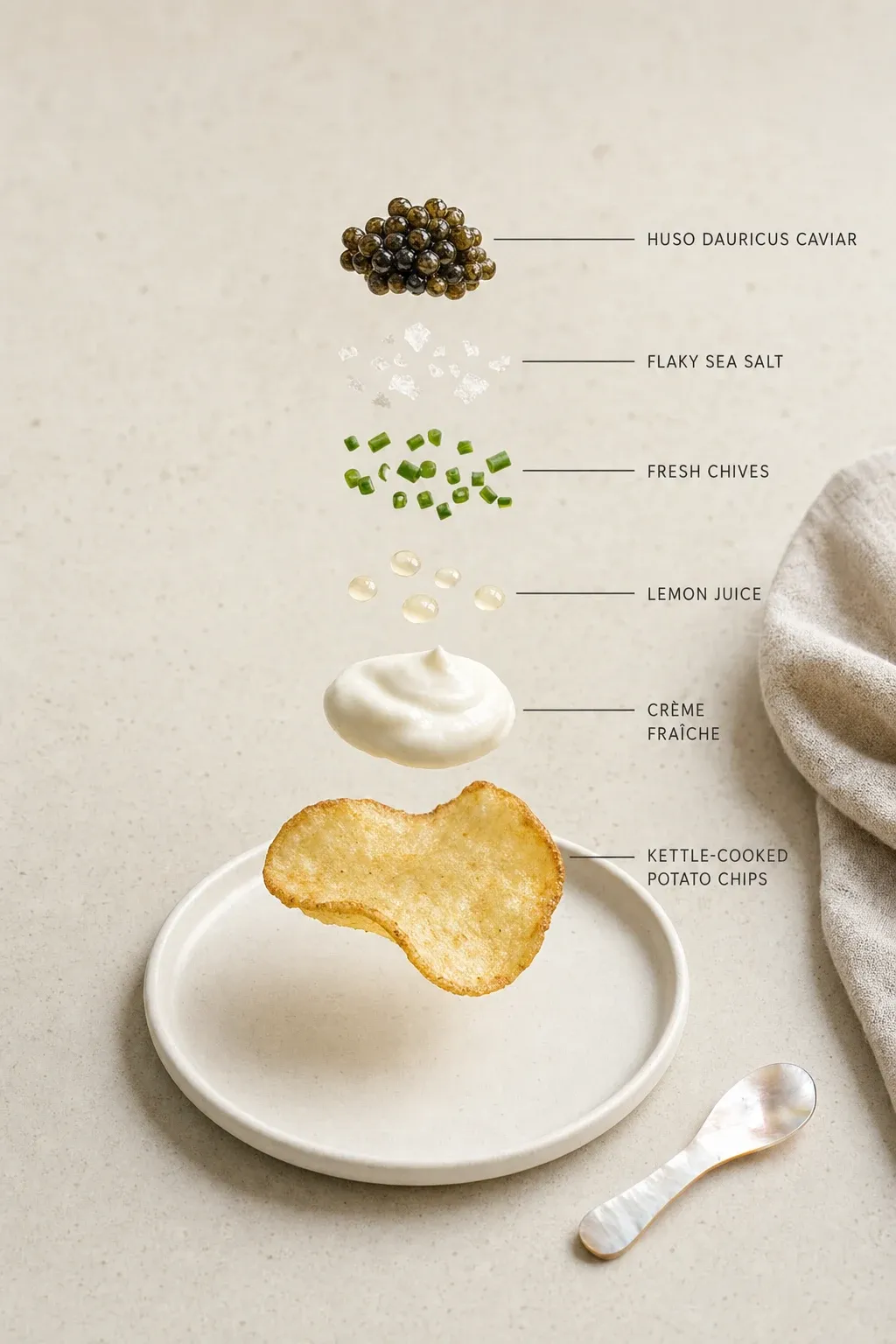 Exploded layer-by-layer view of one serving of Pan-Toasted Kettle Chips with Whipped Crème Fraîche and Huso Dauricus Caviar.
