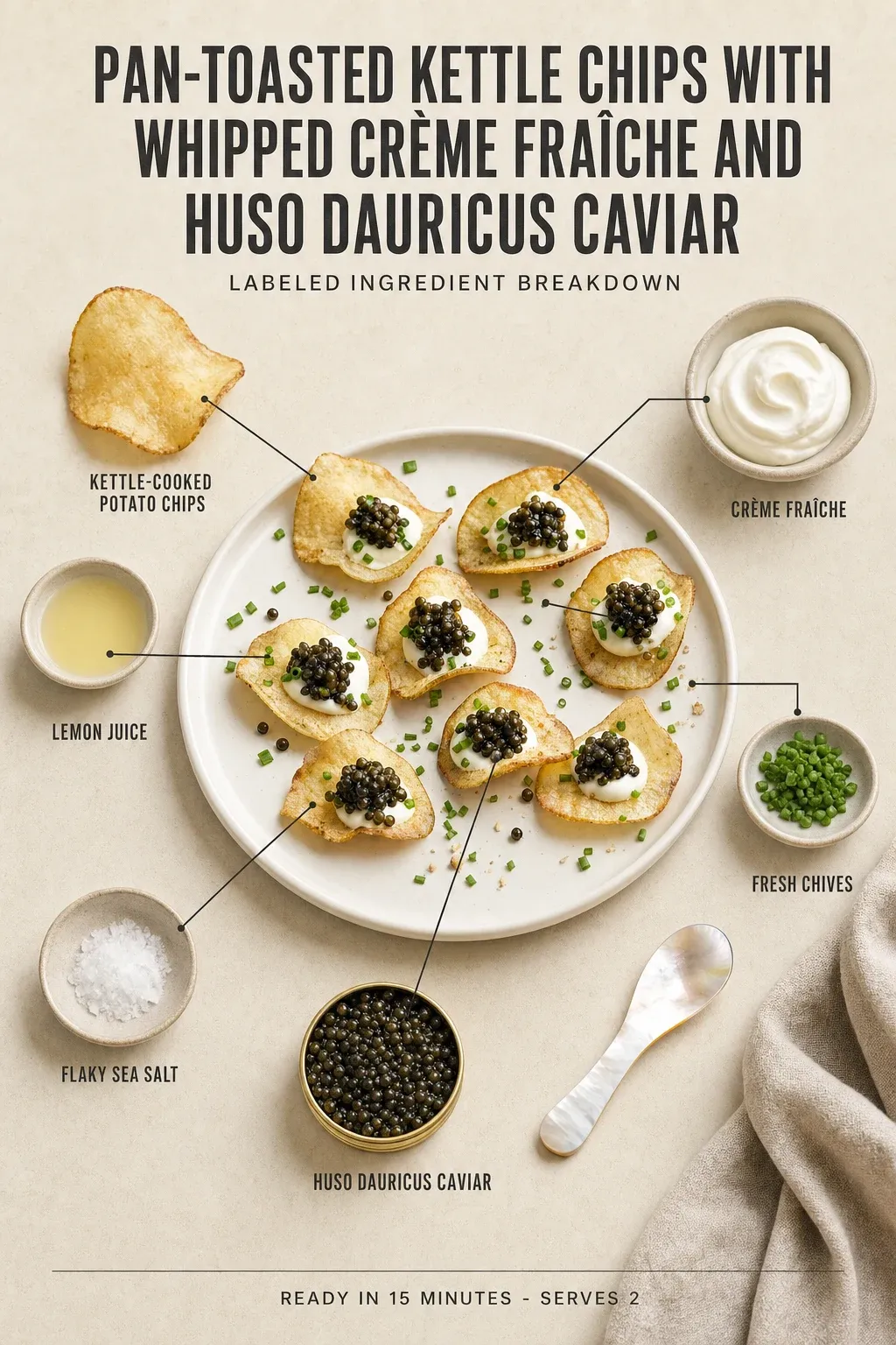 Labeled ingredient breakdown poster for Pan-Toasted Kettle Chips with Whipped Crème Fraîche and Huso Dauricus Caviar: kettle-cooked potato chips, crème fraîche, lemon juice, fresh chives, flaky sea salt, huso dauricus caviar.