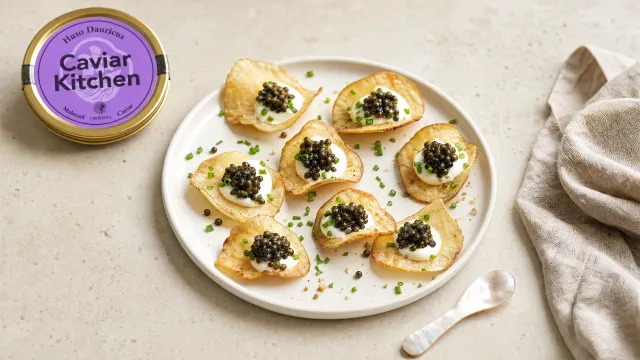Warm kettle chips topped with whipped crème fraîche and Huso Dauricus caviar on a small white plate with chives scattered over