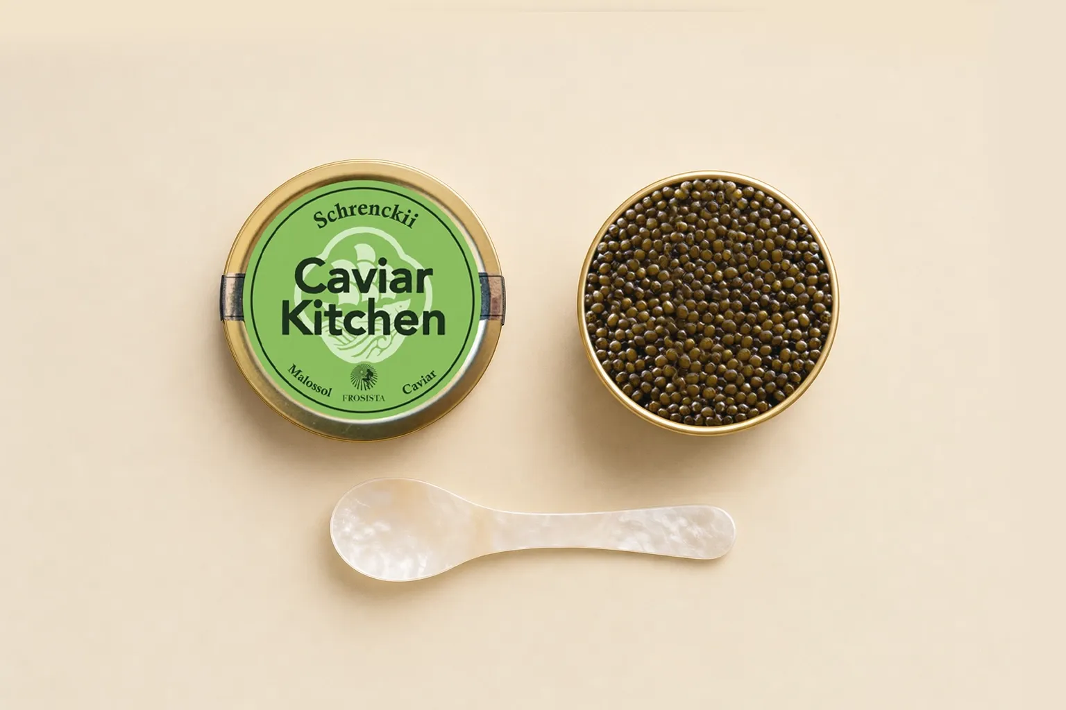 An open tin of Schrenckii caviar beside the Caviar Kitchen Schrenckii tin and a mother-of-pearl spoon