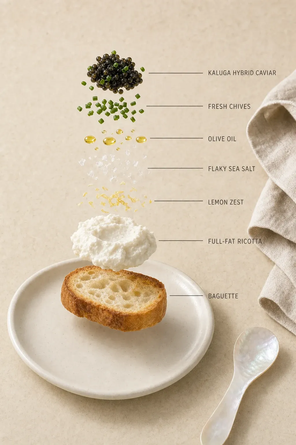 Exploded layer-by-layer view of one serving of Simple Caviar Recipes to Start With: Whipped Ricotta Crostini with Kaluga Hybrid.