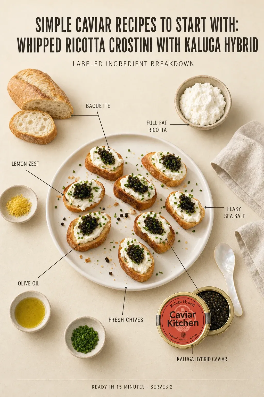 Labeled ingredient breakdown poster for Simple Caviar Recipes to Start With: Whipped Ricotta Crostini with Kaluga Hybrid: baguette, full-fat ricotta, lemon zest, flaky sea salt, olive oil, fresh chives.