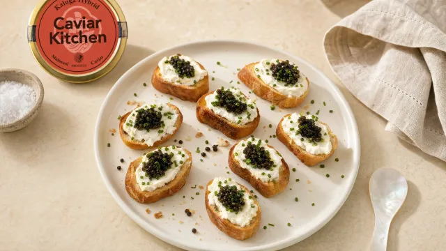 Eight whipped ricotta crostini topped with Kaluga Hybrid caviar and chives on a white ceramic plate