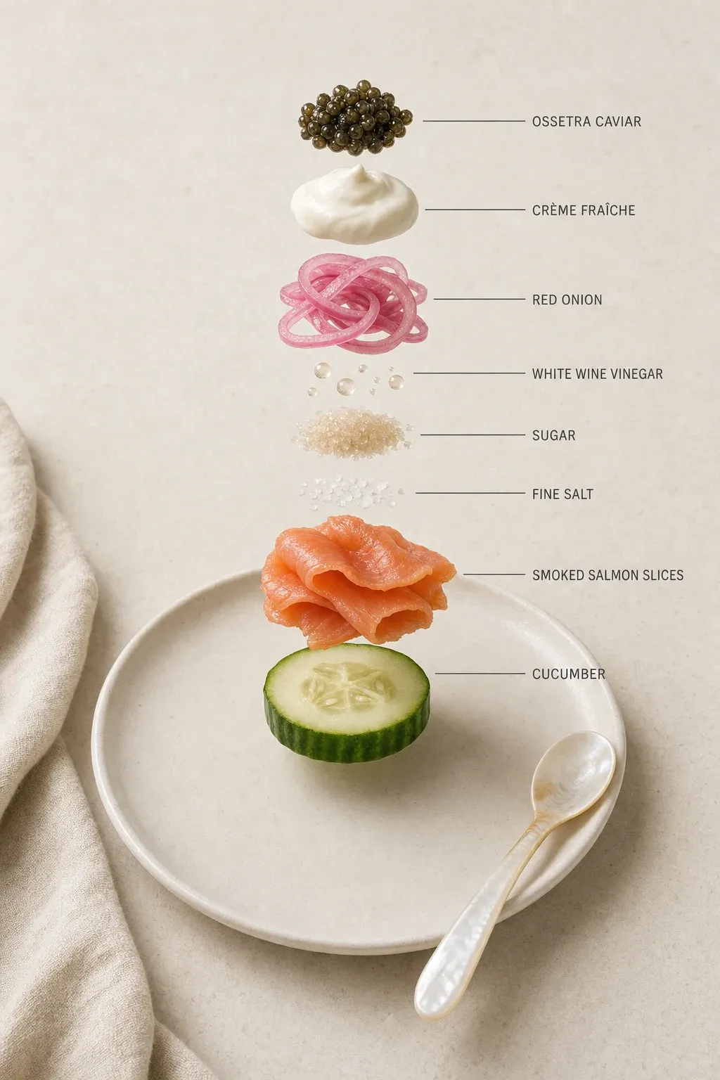 Exploded layer-by-layer view of one serving of Smoked Salmon Bites with Quick-Pickled Red Onion and Ossetra Caviar.