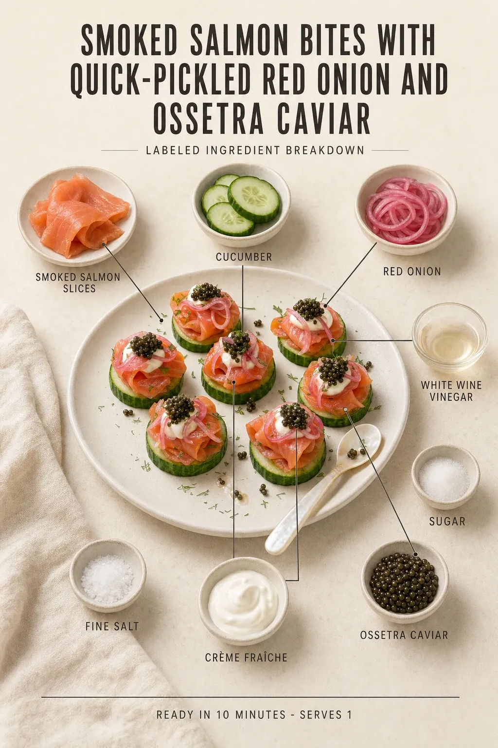 Labeled ingredient breakdown poster for Smoked Salmon Bites with Quick-Pickled Red Onion and Ossetra Caviar: smoked salmon slices, cucumber, red onion, white wine vinegar, sugar, fine salt.