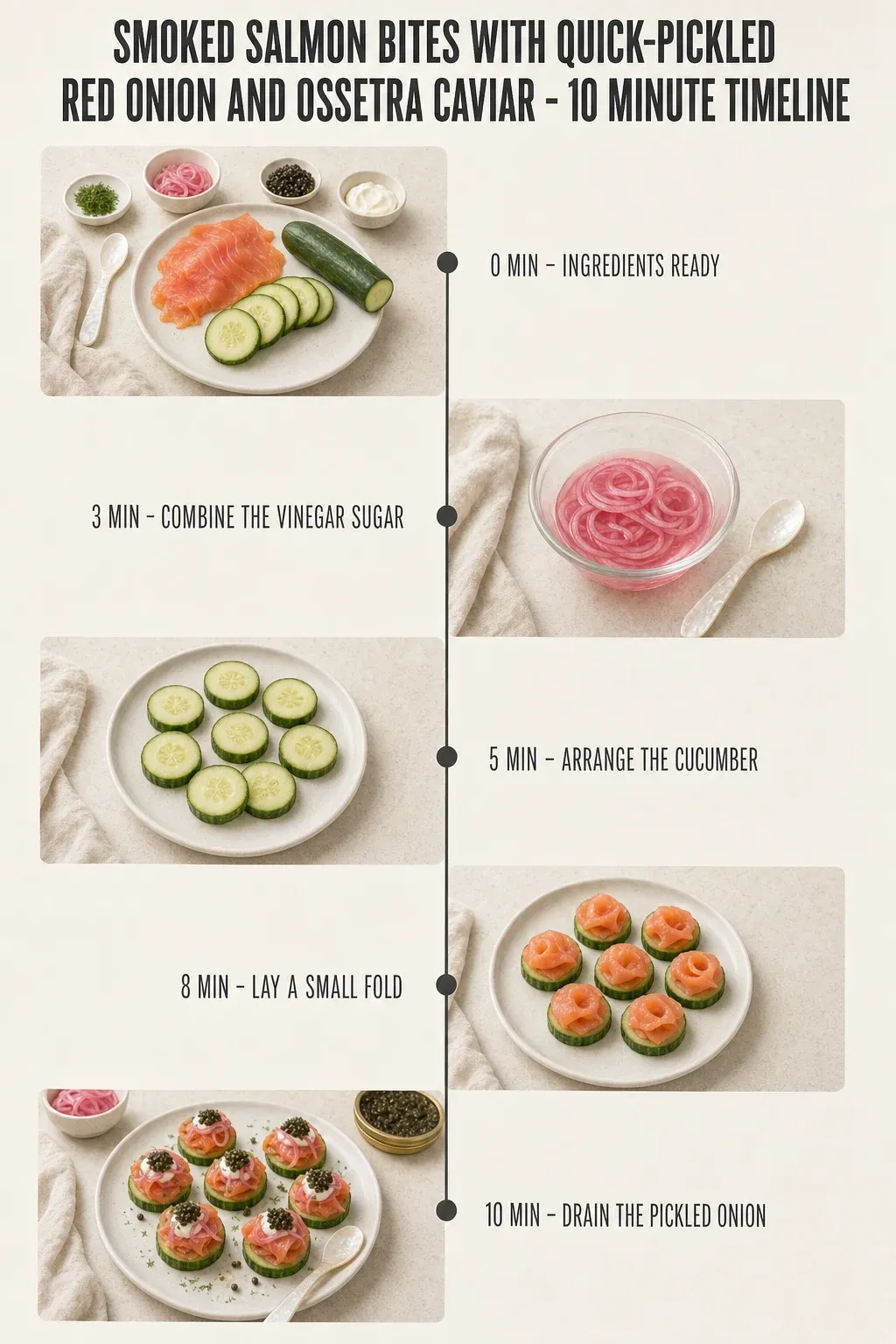 Minute-by-minute timeline for Smoked Salmon Bites with Quick-Pickled Red Onion and Ossetra Caviar, from ingredients to serving in 10 minutes.