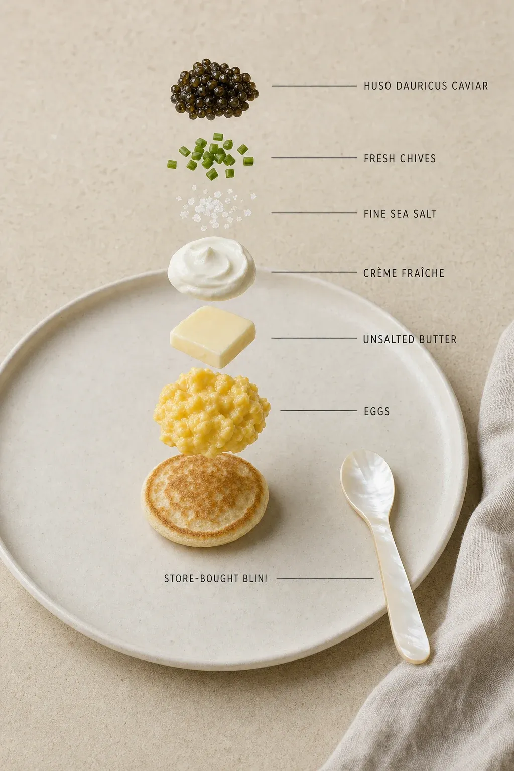 Exploded layer-by-layer view of one serving of Soft Scrambled Egg Blini with Huso Dauricus Caviar.