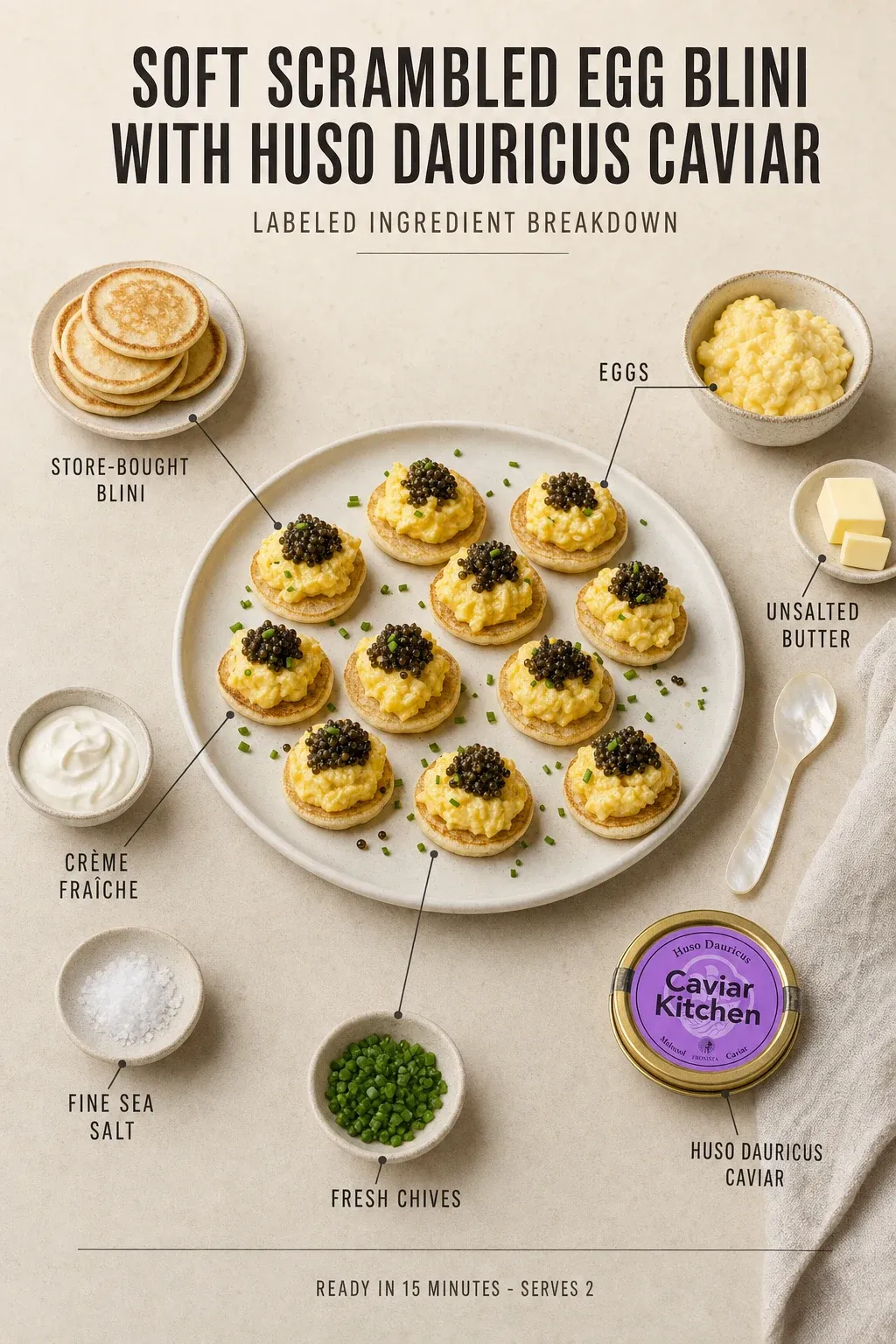 Labeled ingredient breakdown poster for Soft Scrambled Egg Blini with Huso Dauricus Caviar: store-bought blini, eggs, unsalted butter, crème fraîche, fine sea salt, fresh chives.