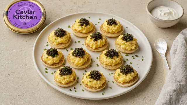 Twelve small blini topped with soft scrambled egg and dark caviar on a white ceramic plate