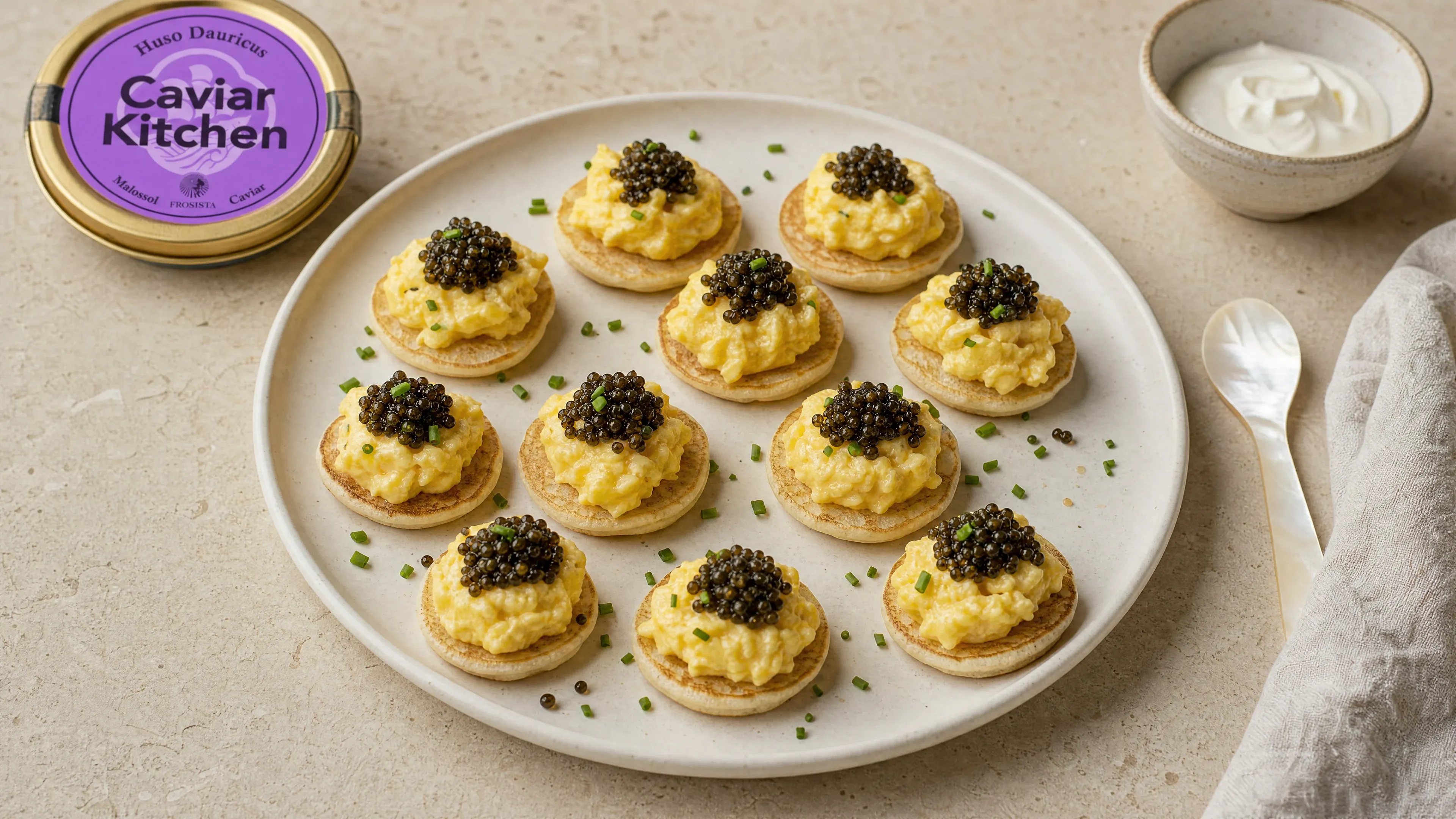 Twelve small blini topped with soft scrambled egg and dark caviar on a white ceramic plate