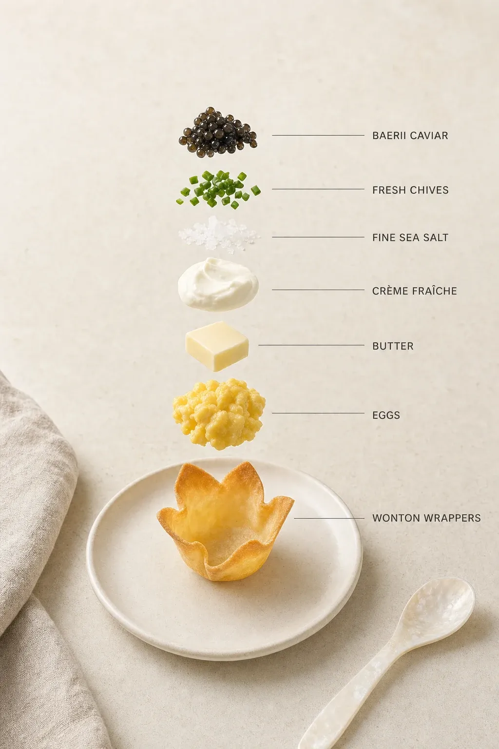 Exploded layer-by-layer view of one serving of Soft Scrambled Egg Cups with Baerii Caviar for Game Night.