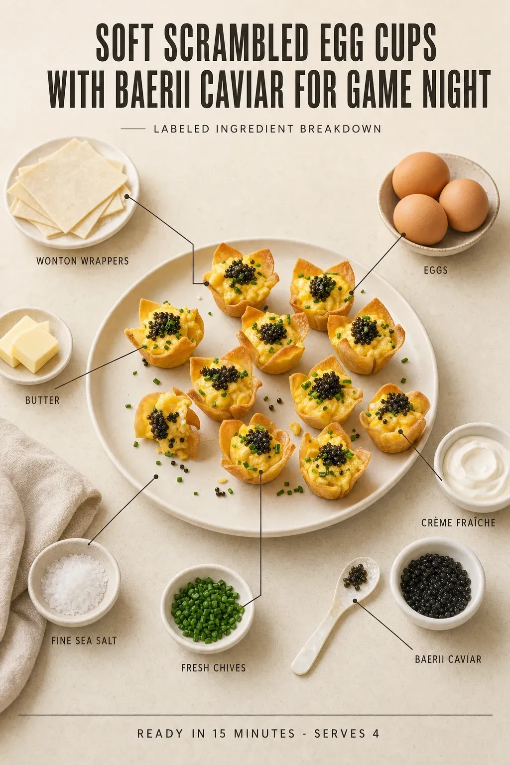 Labeled ingredient breakdown poster for Soft Scrambled Egg Cups with Baerii Caviar for Game Night: wonton wrappers, eggs, butter, crème fraîche, fine sea salt, fresh chives.