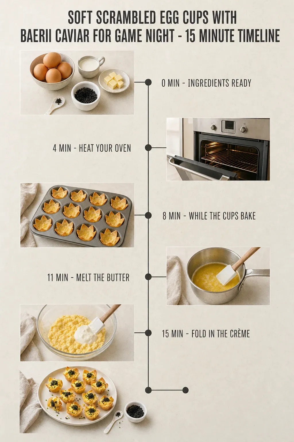 Minute-by-minute timeline for Soft Scrambled Egg Cups with Baerii Caviar for Game Night, from ingredients to serving in 15 minutes.