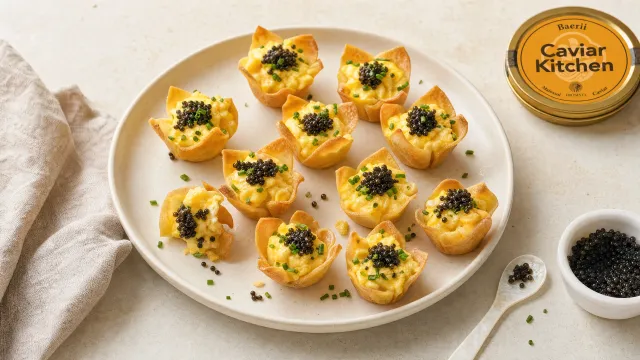Twelve crispy wonton cups filled with soft scrambled eggs and Baerii caviar on a white ceramic plate, garnished with chives
