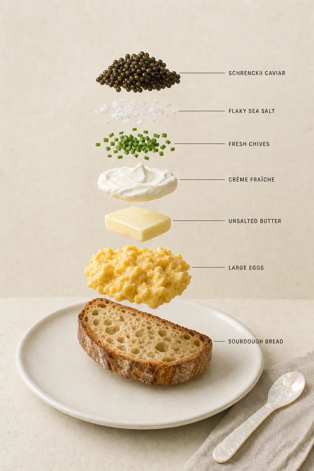 Exploded layer-by-layer view of one serving of Soft Scrambled Eggs on Sourdough Toast with Schrenckii Caviar.
