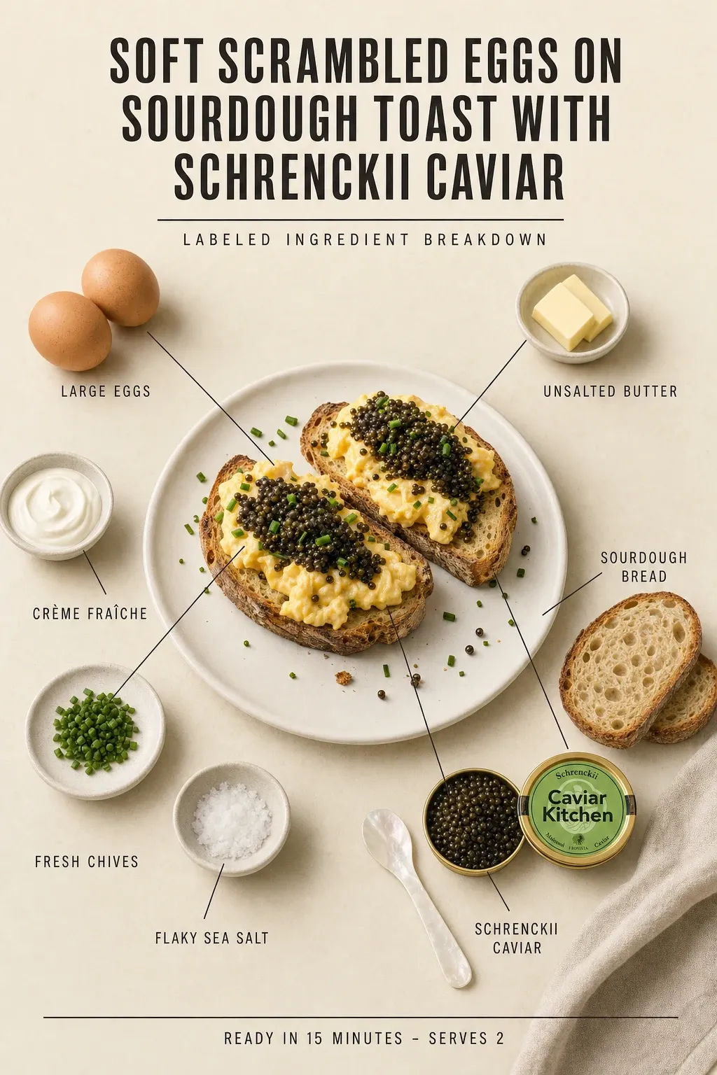 Labeled ingredient breakdown poster for Soft Scrambled Eggs on Sourdough Toast with Schrenckii Caviar: large eggs, unsalted butter, crème fraîche, sourdough bread, fresh chives, flaky sea salt.