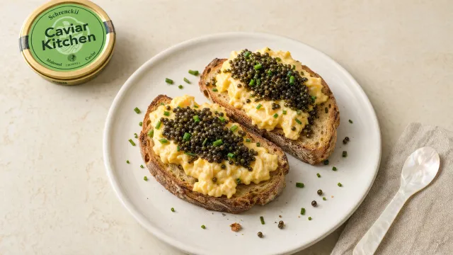 Creamy soft scrambled eggs on thick sourdough toast topped with dark Schrenckii caviar and fresh chives