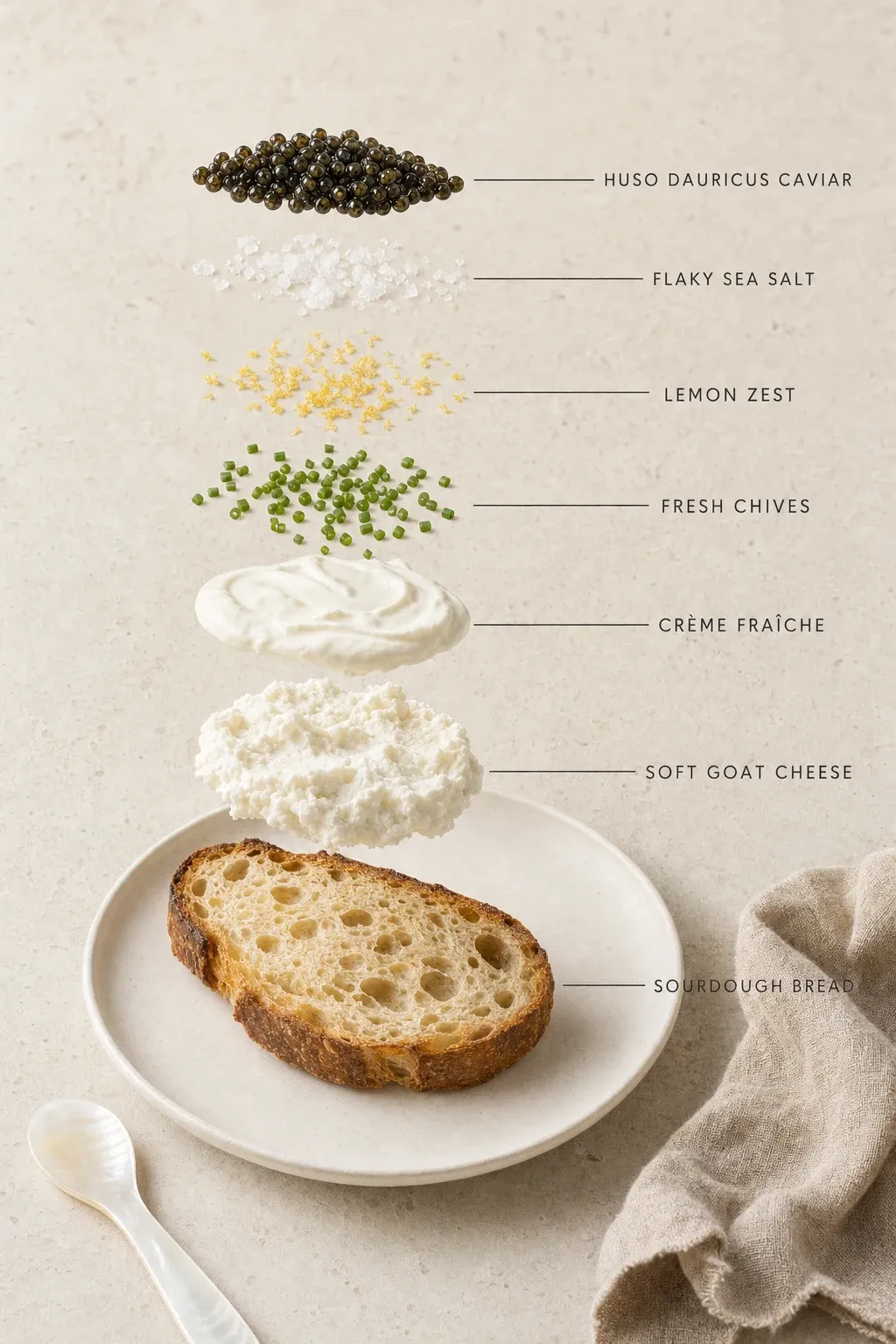 Exploded layer-by-layer view of one serving of Sourdough Toast with Whipped Goat Cheese and Huso Dauricus Caviar.
