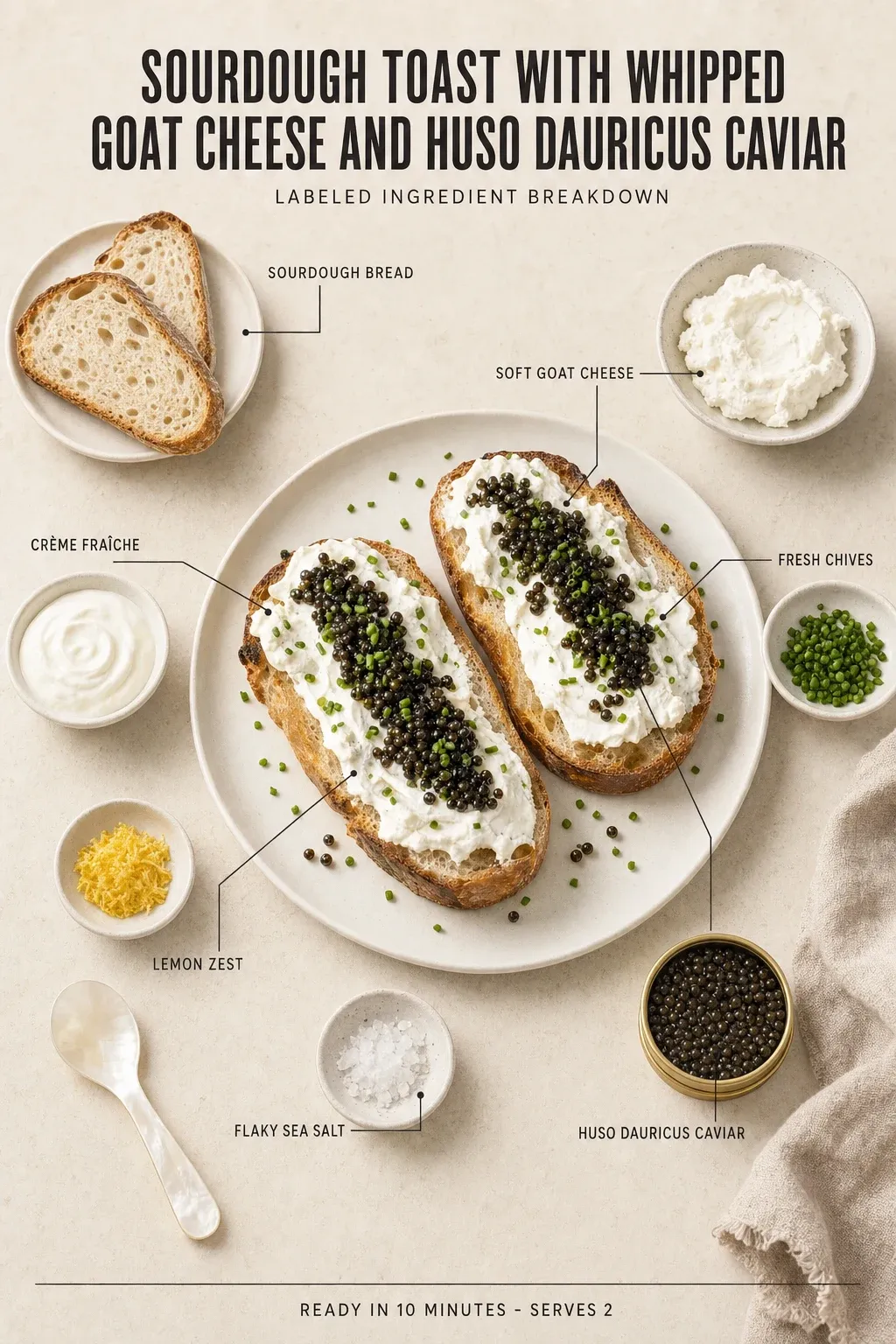 Labeled ingredient breakdown poster for Sourdough Toast with Whipped Goat Cheese and Huso Dauricus Caviar: sourdough bread, soft goat cheese, crème fraîche, fresh chives, lemon zest, flaky sea salt.