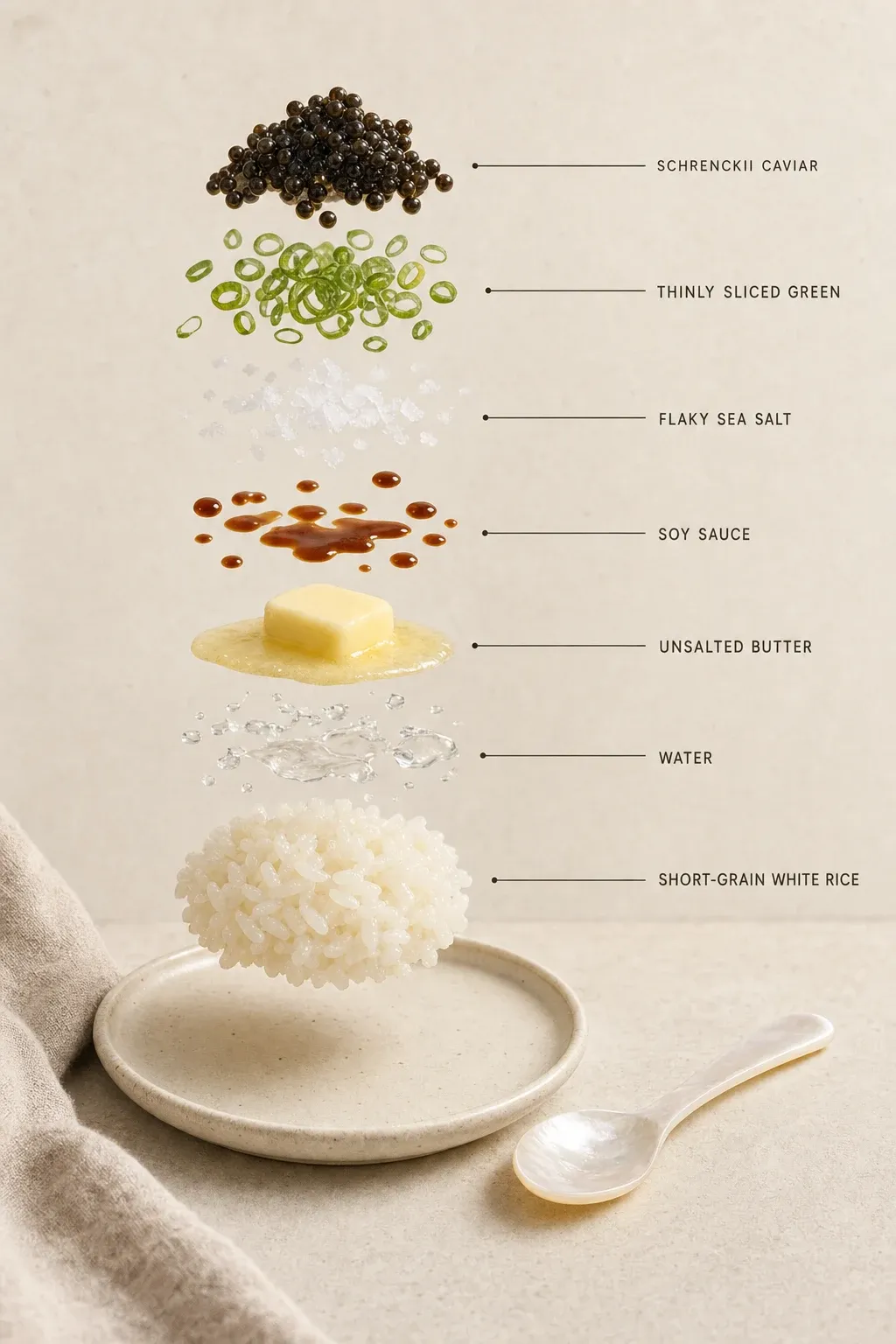 Exploded layer-by-layer view of one serving of Steamed Rice Bowl with Schrenckii Caviar and Soft Butter.