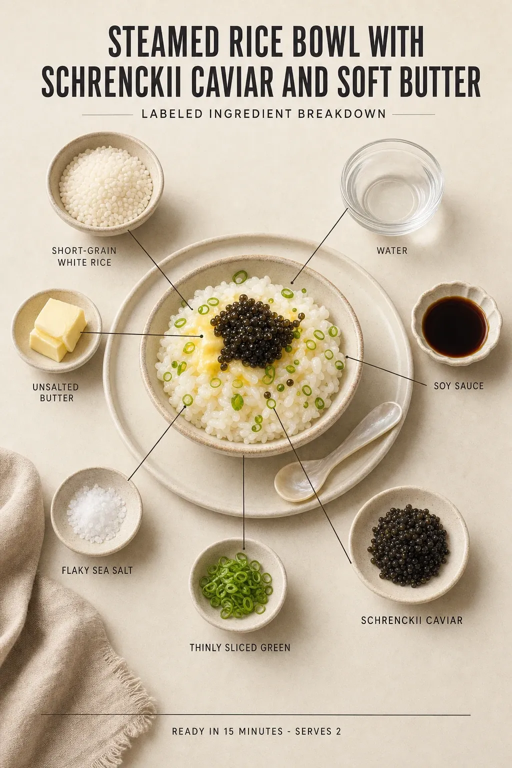 Labeled ingredient breakdown poster for Steamed Rice Bowl with Schrenckii Caviar and Soft Butter: short-grain white rice, water, unsalted butter, soy sauce, flaky sea salt, thinly sliced green.