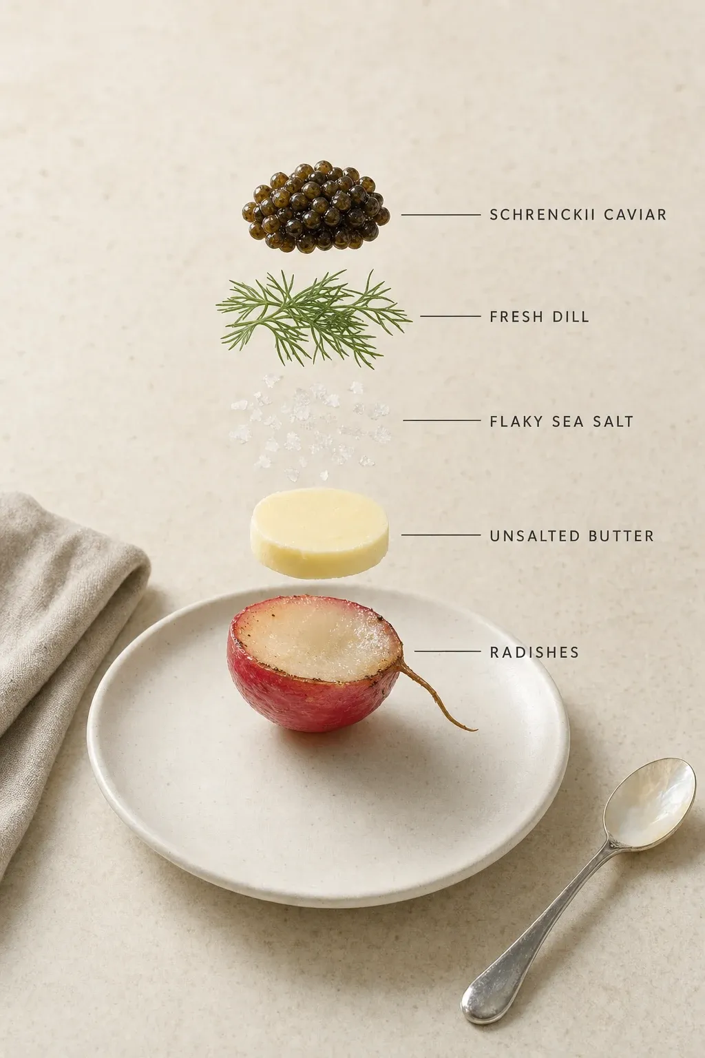 Exploded layer-by-layer view of one serving of Warm Butter-Basted Radishes with Schrenckii Caviar.
