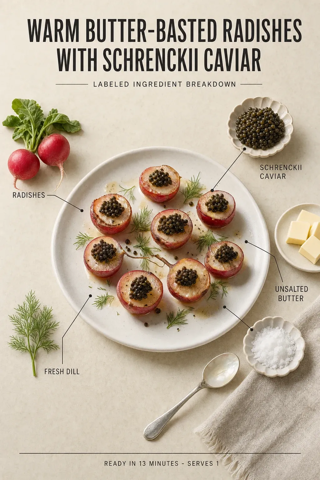 Labeled ingredient breakdown poster for Warm Butter-Basted Radishes with Schrenckii Caviar: radishes, unsalted butter, flaky sea salt, fresh dill, schrenckii caviar.