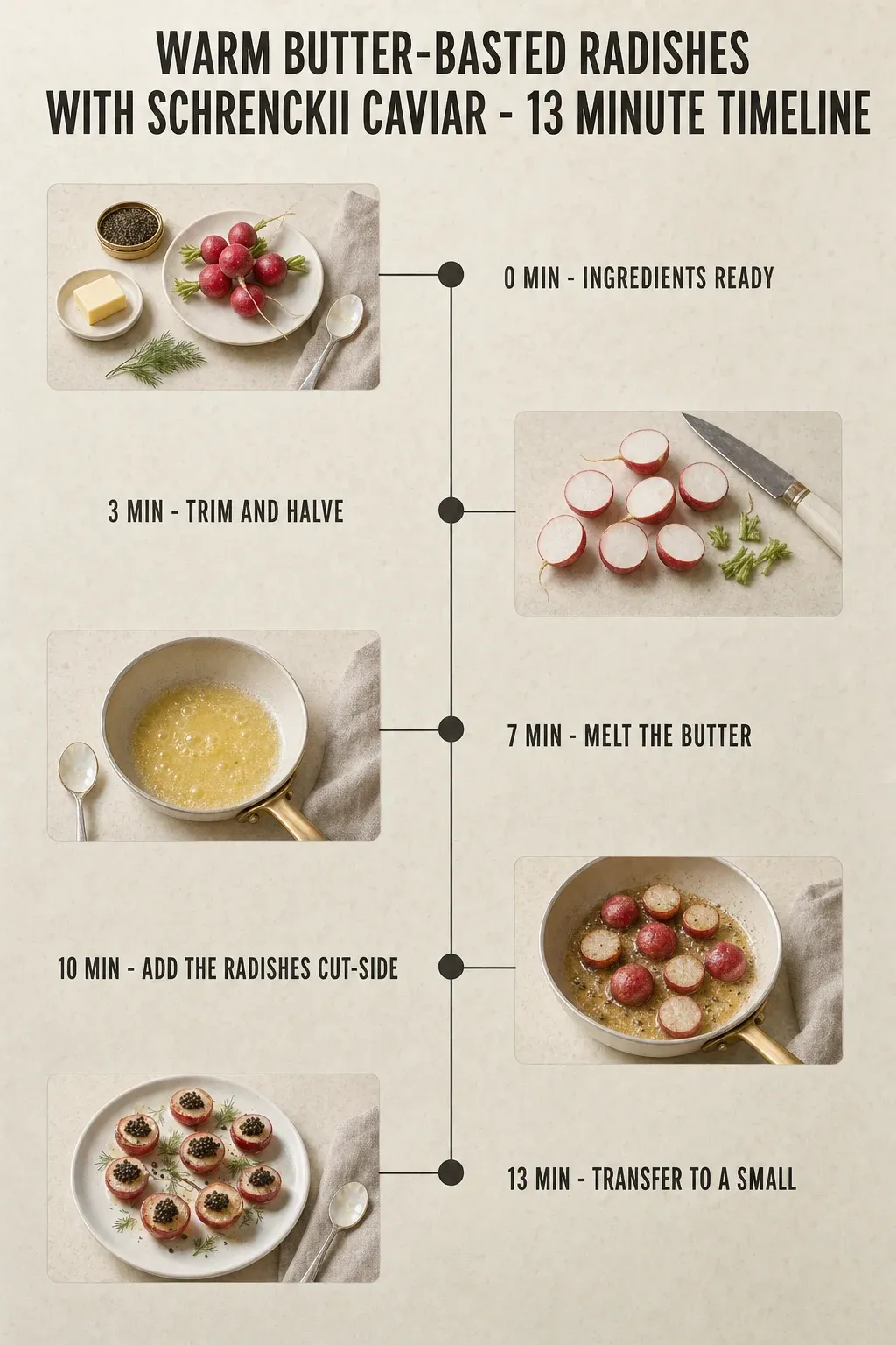 Minute-by-minute timeline for Warm Butter-Basted Radishes with Schrenckii Caviar, from ingredients to serving in 13 minutes.