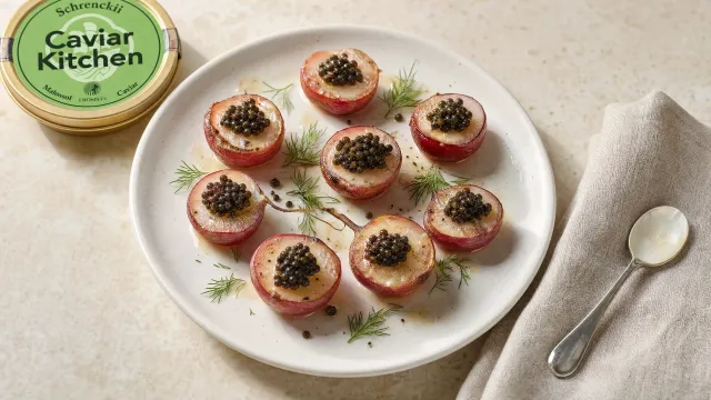 Butter-basted radish halves on a small white plate topped with dark Schrenckii caviar and fresh dill