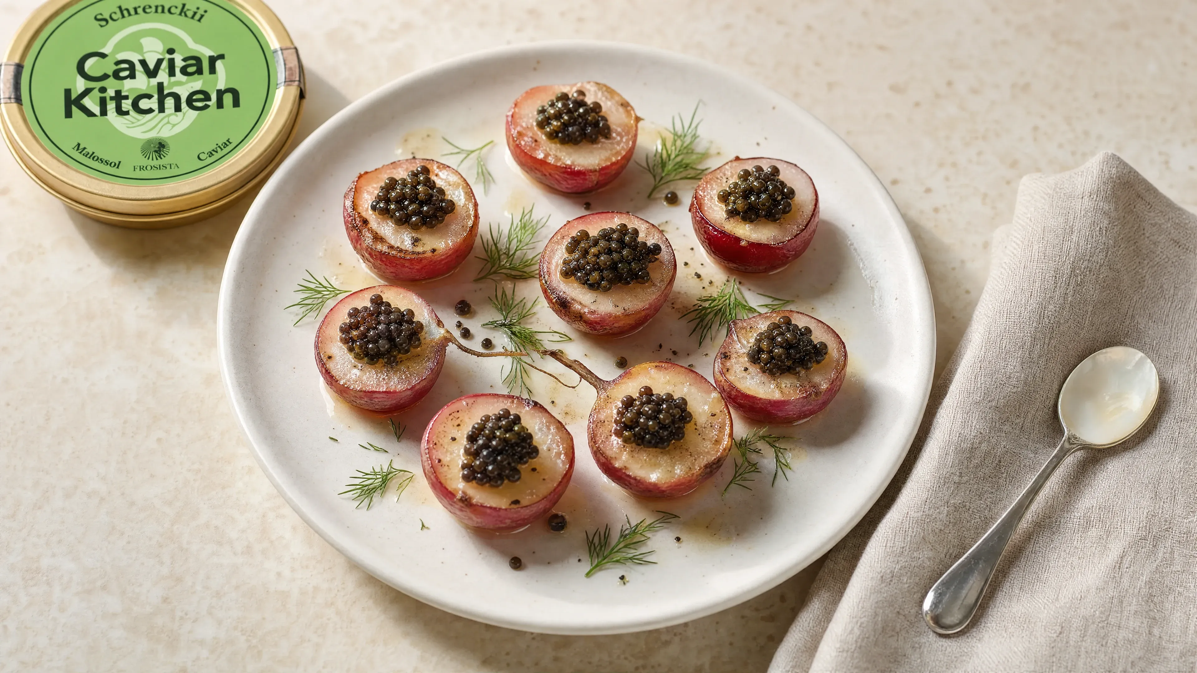 Butter-basted radish halves on a small white plate topped with dark Schrenckii caviar and fresh dill