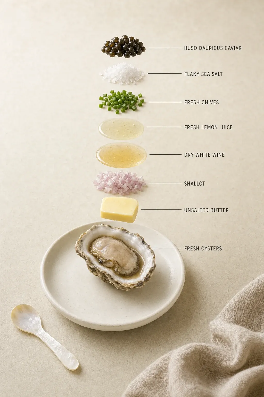 Exploded layer-by-layer view of one serving of Warm Oysters with Brown Butter and Huso Dauricus Caviar.